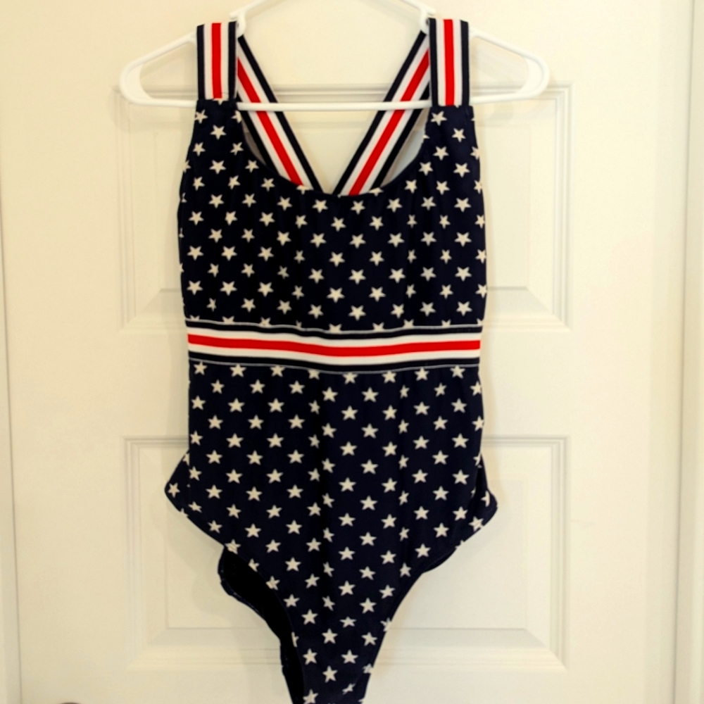 Star Patterned Swimsuit with Striped Straps